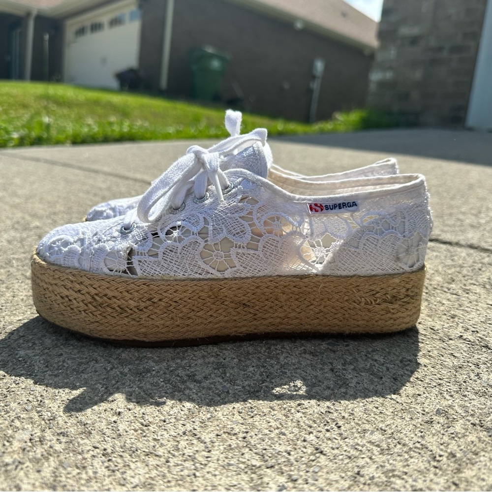 Superga-White Floral Macrame Lace Platform Sneakers-Women size EU 37.5 or US 6.5